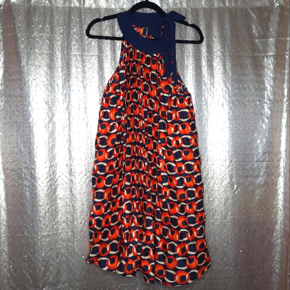 Unique Vintage BNWT M 70's pleated sleeveless dress - Navy & Red Chain Print
